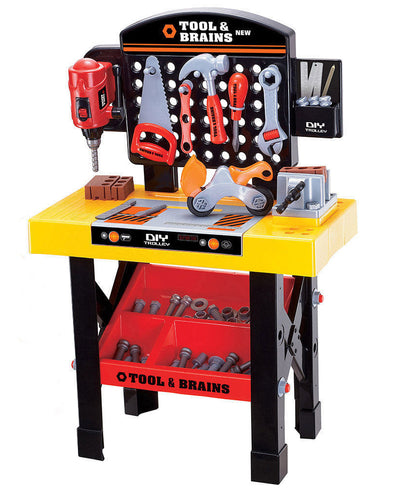Banc de lucru DIY Tools & Brains pentru copii cu unelte si accesorii, 75 cm inaltime, bormasina, fierastrau, rafturi, si accesorii multiple