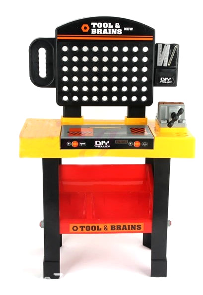 Banc de lucru DIY Tools & Brains pentru copii cu unelte si accesorii, 75 cm inaltime, bormasina, fierastrau, rafturi, si accesorii multiple