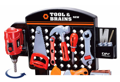 Banc de lucru DIY Tools & Brains pentru copii cu unelte si accesorii, 75 cm inaltime, bormasina, fierastrau, rafturi, si accesorii multiple