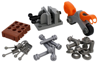 Banc de lucru DIY Tools & Brains pentru copii cu unelte si accesorii, 75 cm inaltime, bormasina, fierastrau, rafturi, si accesorii multiple