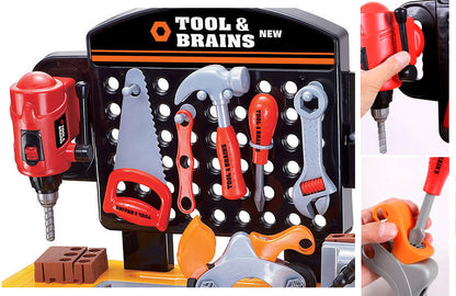 Banc de lucru DIY Tools & Brains pentru copii cu unelte si accesorii, 75 cm inaltime, bormasina, fierastrau, rafturi, si accesorii multiple