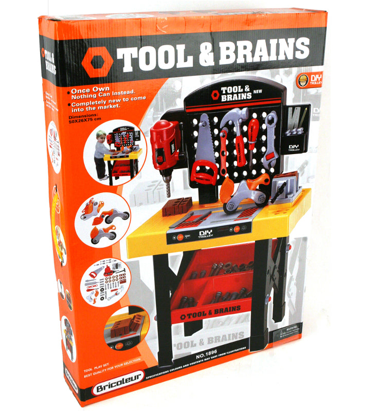 Banc de lucru DIY Tools & Brains pentru copii cu unelte si accesorii, 75 cm inaltime, bormasina, fierastrau, rafturi, si accesorii multiple