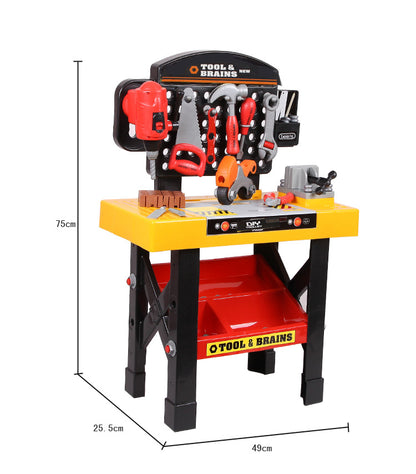 Banc de lucru DIY Tools & Brains pentru copii cu unelte si accesorii, 75 cm inaltime, bormasina, fierastrau, rafturi, si accesorii multiple