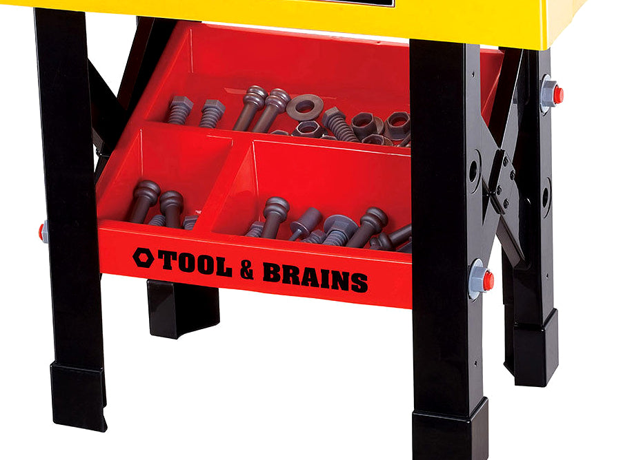 Banc de lucru DIY Tools & Brains pentru copii cu unelte si accesorii, 75 cm inaltime, bormasina, fierastrau, rafturi, si accesorii multiple