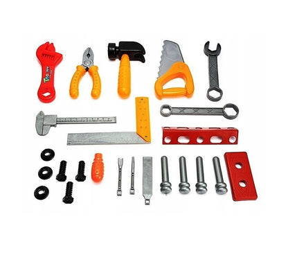 Banc de lucru interactiv cu casca idealSTORE Junior Tool Set, Dimensiuni 47 x 37 x 24 cm, Include 25 de instrumente de bricolaj, Materiale sigure pentru copii