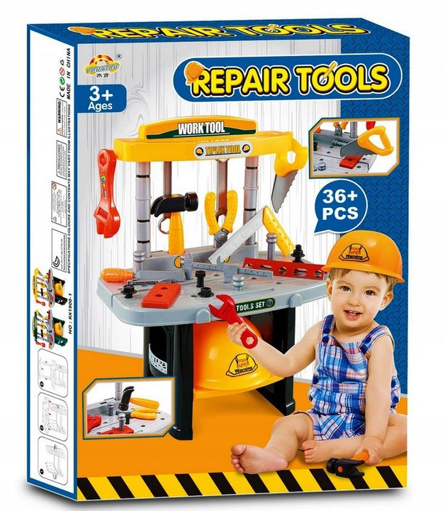 Banc de lucru interactiv cu casca idealSTORE Junior Tool Set, Dimensiuni 47 x 37 x 24 cm, Include 25 de instrumente de bricolaj, Materiale sigure pentru copii