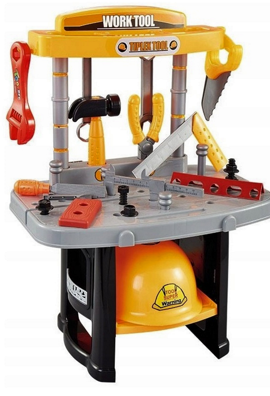 Banc de lucru interactiv cu casca idealSTORE Junior Tool Set, Dimensiuni 47 x 37 x 24 cm, Include 25 de instrumente de bricolaj, Materiale sigure pentru copii