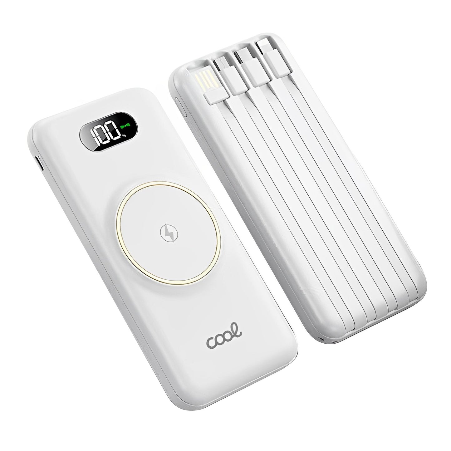 Baterie Externa CoolCharge IdealStore Wireless, Capacitate 20.000 mAh, Display LED procentaj baterie, Detine 6 iesiri, 2 Iesiri USB, 1 Iesire type-C, 1 Iesire Micro-USB, 1 Iesire Wireless, Incarcare rapida, Tensiune iesire 5V-2A, White Edition