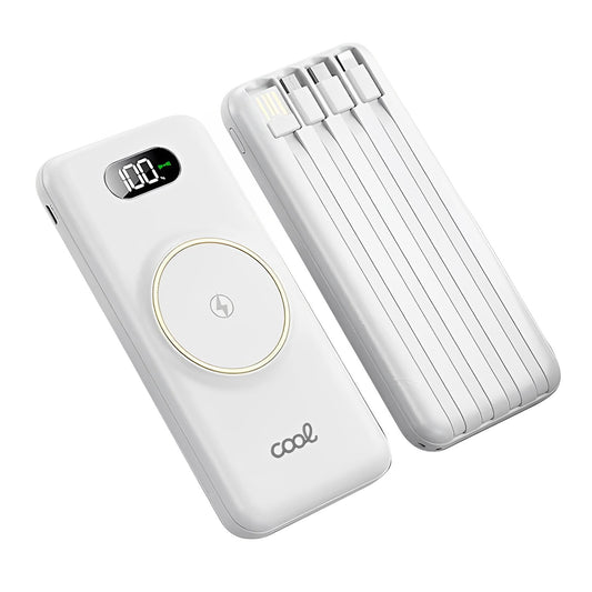 Baterie Externa CoolCharge IdealStore Wireless, Capacitate 20.000 mAh, Display LED procentaj baterie, Detine 6 iesiri, 2 Iesiri USB, 1 Iesire type-C, 1 Iesire Micro-USB, 1 Iesire Wireless, Incarcare rapida, Tensiune iesire 5V-2A, White Edition