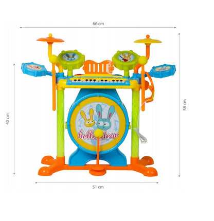 Set Muzical Complet cu Orga Electronica, Microfon si Tobe idealSTORE Iepurasii Nazdravani, Dimensiuni 66 x 58 cm, Echipat cu 24 Taste de Pian, 7 instrumente de percutie ce incurajeaza jocul de rol