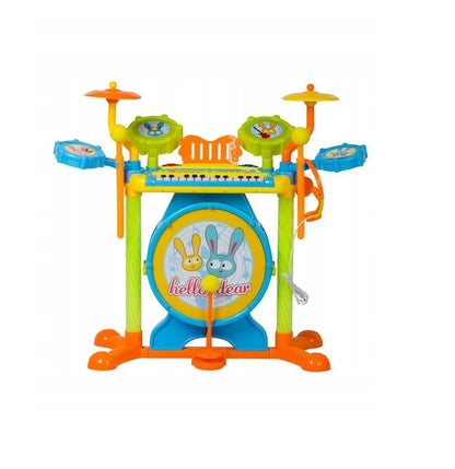 Set Muzical Complet cu Orga Electronica, Microfon si Tobe idealSTORE Iepurasii Nazdravani, Dimensiuni 66 x 58 cm, Echipat cu 24 Taste de Pian, 7 instrumente de percutie ce incurajeaza jocul de rol