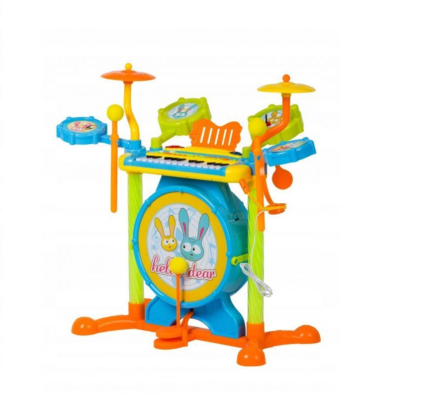 Set Muzical Complet cu Orga Electronica, Microfon si Tobe idealSTORE Iepurasii Nazdravani, Dimensiuni 66 x 58 cm, Echipat cu 24 Taste de Pian, 7 instrumente de percutie ce incurajeaza jocul de rol