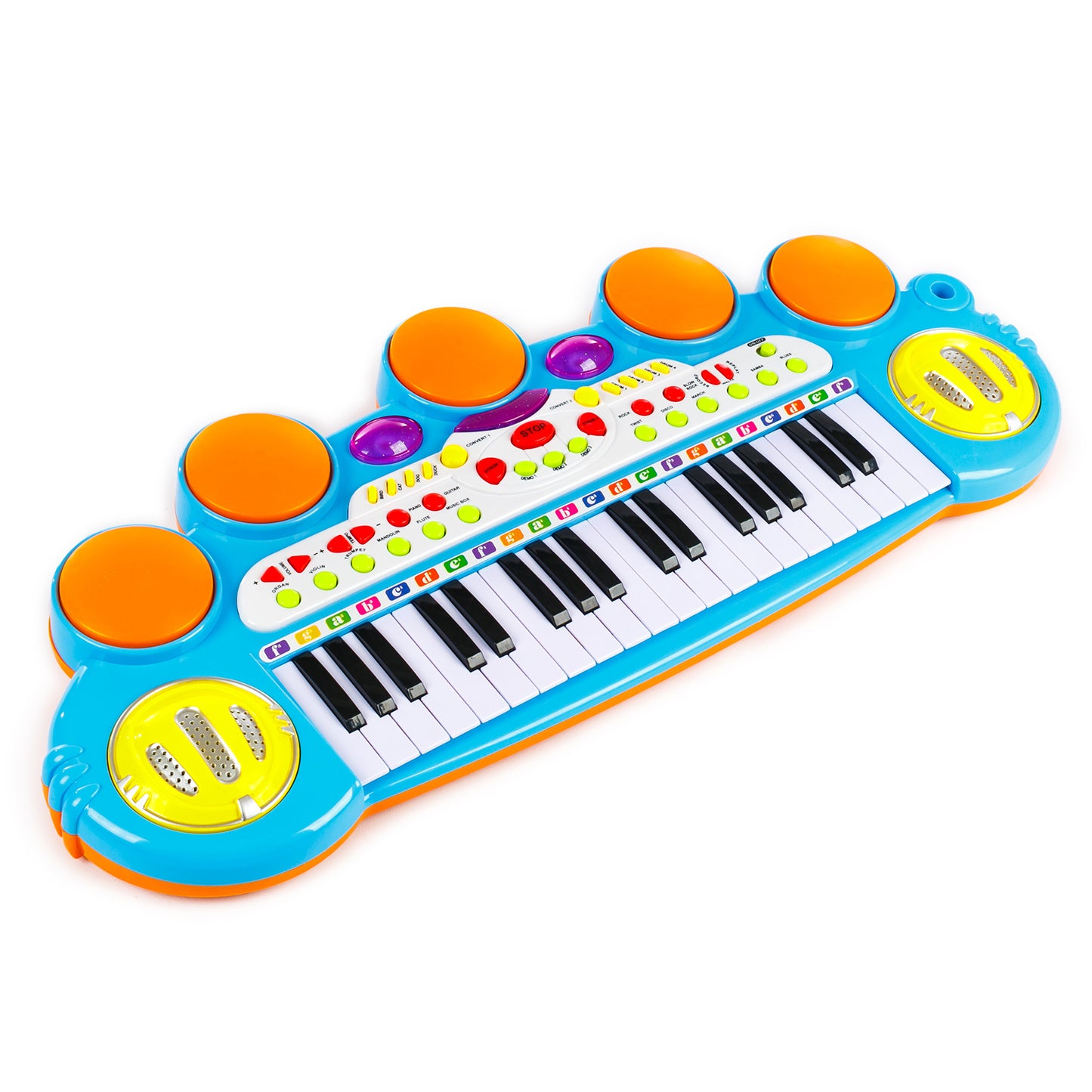 Orga cu Microfon si Scaunel idealSTORE, Glamour Piano, Dimensiuni 45 x 60 x 25 cm, Echipata cu 37 taste functionale, Lumini colorate, Dezvolta dexteritatea manuala, Albastra-Galben