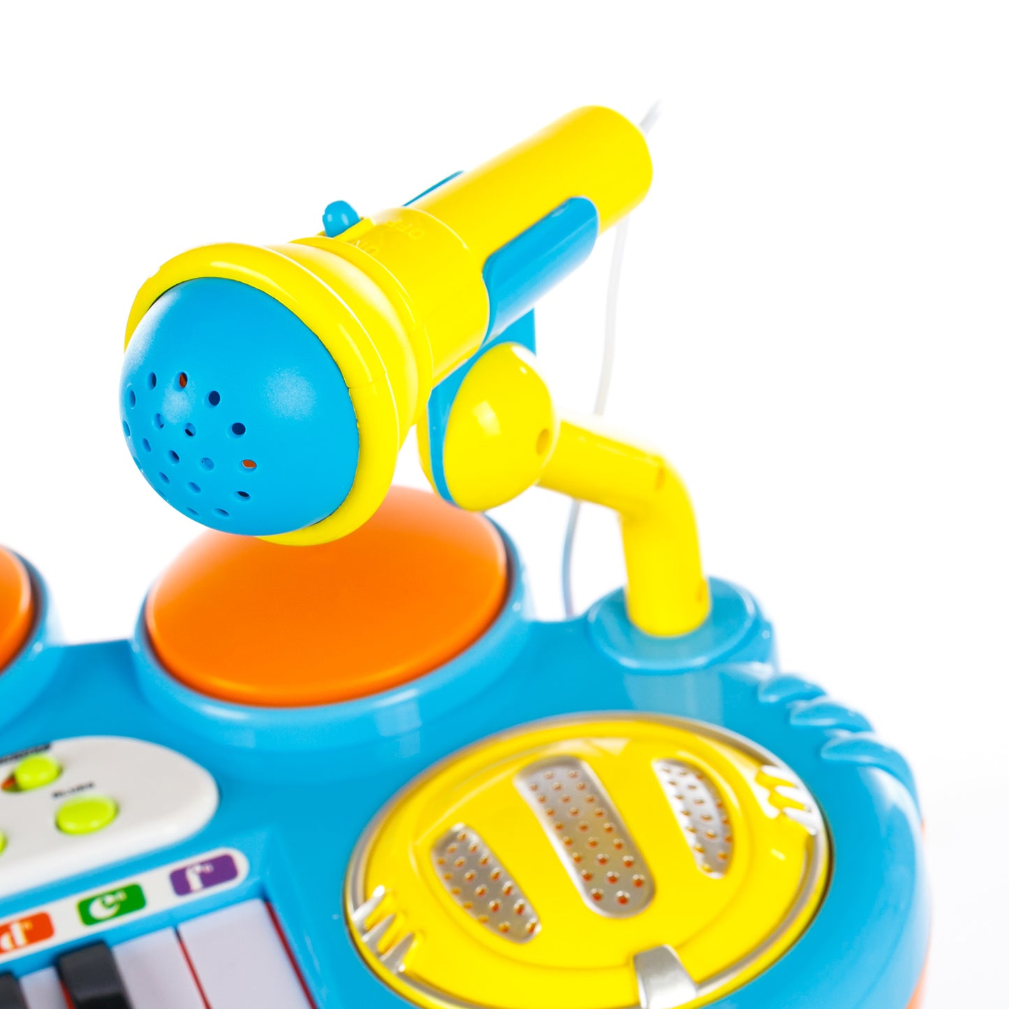 Orga cu Microfon si Scaunel idealSTORE, Glamour Piano, Dimensiuni 45 x 60 x 25 cm, Echipata cu 37 taste functionale, Lumini colorate, Dezvolta dexteritatea manuala, Albastra-Galben