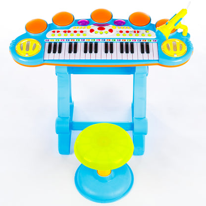 Orga cu Microfon si Scaunel idealSTORE, Glamour Piano, Dimensiuni 45 x 60 x 25 cm, Echipata cu 37 taste functionale, Lumini colorate, Dezvolta dexteritatea manuala, Albastra-Galben