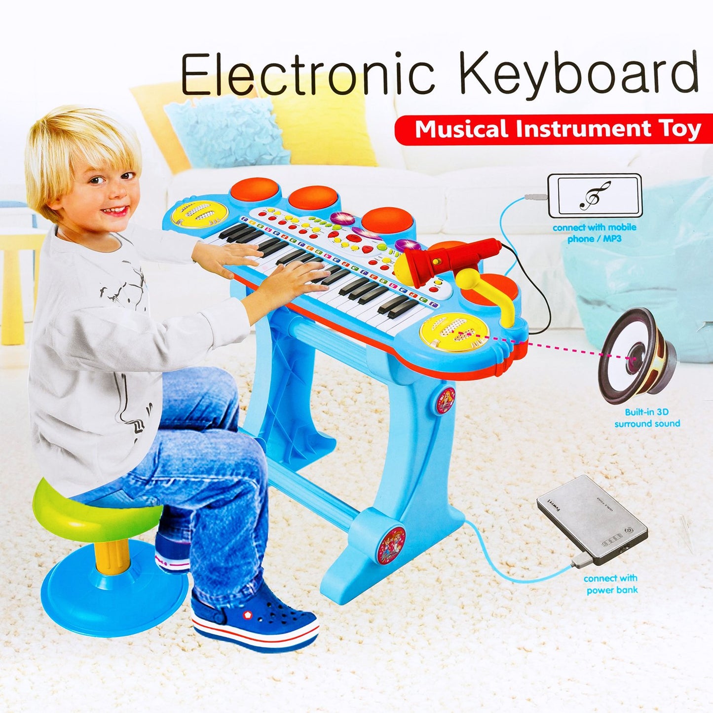 Orga cu Microfon si Scaunel idealSTORE, Glamour Piano, Dimensiuni 45 x 60 x 25 cm, Echipata cu 37 taste functionale, Lumini colorate, Dezvolta dexteritatea manuala, Albastra-Galben