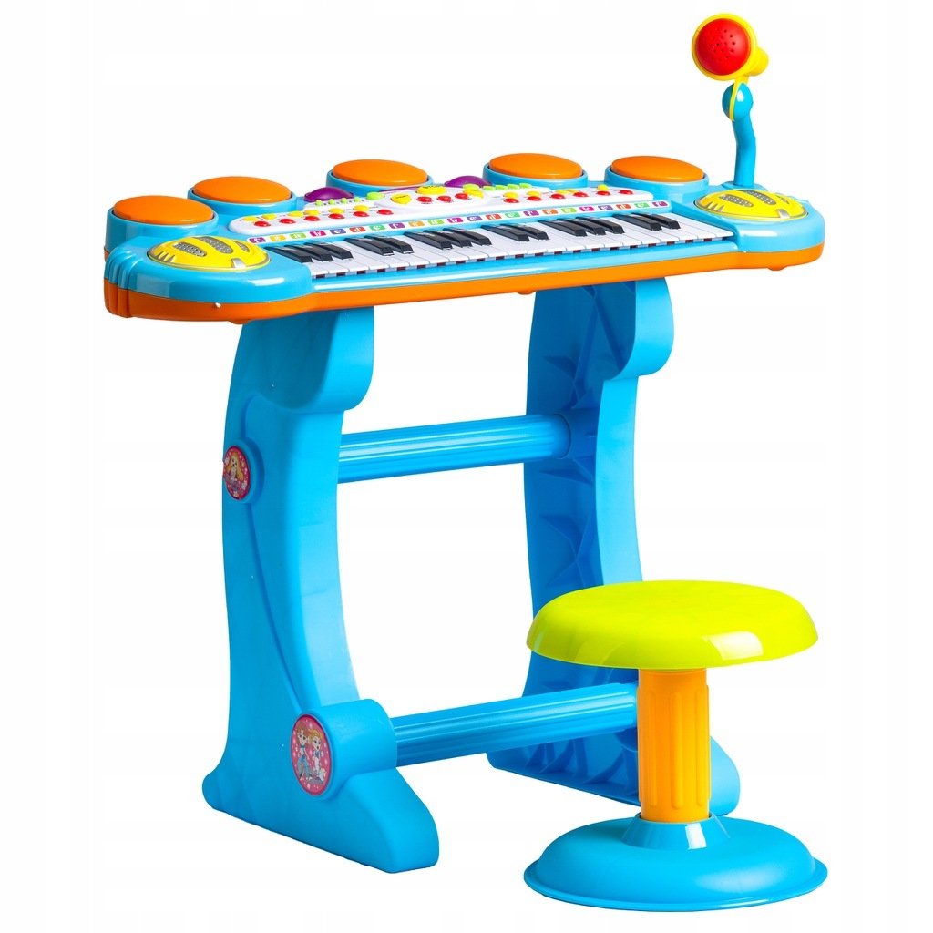 Orga cu Microfon si Scaunel idealSTORE, Glamour Piano, Dimensiuni 45 x 60 x 25 cm, Echipata cu 37 taste functionale, Lumini colorate, Dezvolta dexteritatea manuala, Albastra-Galben