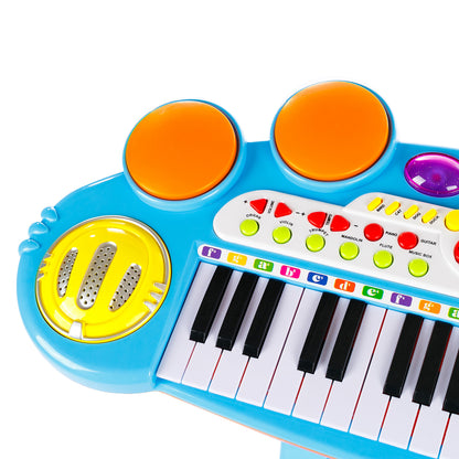 Orga cu Microfon si Scaunel idealSTORE, Glamour Piano, Dimensiuni 45 x 60 x 25 cm, Echipata cu 37 taste functionale, Lumini colorate, Dezvolta dexteritatea manuala, Albastra-Galben