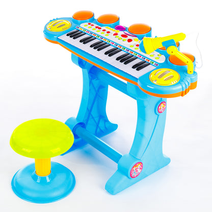 Orga cu Microfon si Scaunel idealSTORE, Glamour Piano, Dimensiuni 45 x 60 x 25 cm, Echipata cu 37 taste functionale, Lumini colorate, Dezvolta dexteritatea manuala, Albastra-Galben