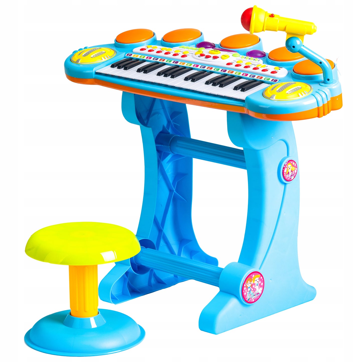 Orga cu Microfon si Scaunel idealSTORE, Glamour Piano, Dimensiuni 45 x 60 x 25 cm, Echipata cu 37 taste functionale, Lumini colorate, Dezvolta dexteritatea manuala, Albastra-Galben