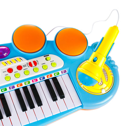 Orga cu Microfon si Scaunel idealSTORE, Glamour Piano, Dimensiuni 45 x 60 x 25 cm, Echipata cu 37 taste functionale, Lumini colorate, Dezvolta dexteritatea manuala, Albastra-Galben