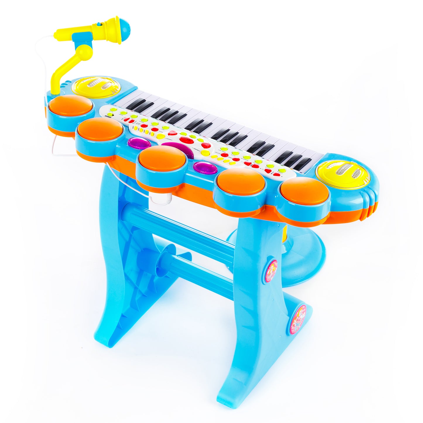 Orga cu Microfon si Scaunel idealSTORE, Glamour Piano, Dimensiuni 45 x 60 x 25 cm, Echipata cu 37 taste functionale, Lumini colorate, Dezvolta dexteritatea manuala, Albastra-Galben