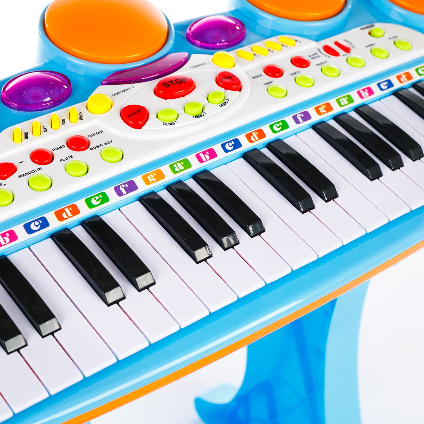 Orga cu Microfon si Scaunel idealSTORE, Glamour Piano, Dimensiuni 45 x 60 x 25 cm, Echipata cu 37 taste functionale, Lumini colorate, Dezvolta dexteritatea manuala, Albastra-Galben