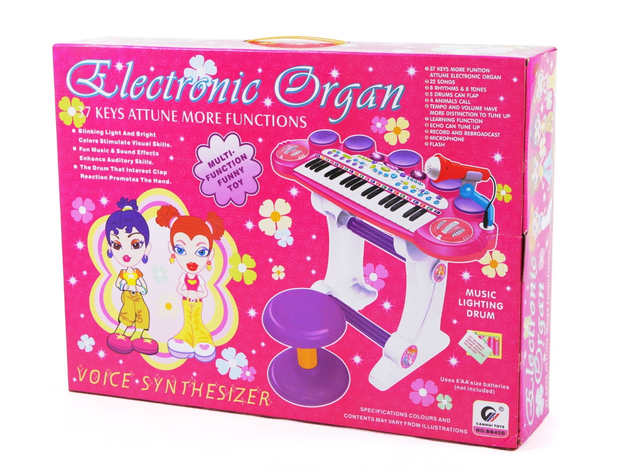 Orga cu Microfon si Scaunel idealSTORE, Glamour Piano, Dimensiuni 45 x 60 x 25 cm, Echipata cu 37 taste functionale, Lumini colorate, Dezvolta dexteritatea manuala Mov-alb