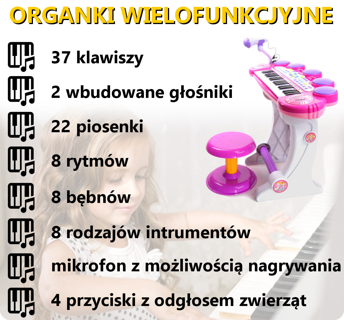 Orga cu Microfon si Scaunel idealSTORE, Glamour Piano, Dimensiuni 45 x 60 x 25 cm, Echipata cu 37 taste functionale, Lumini colorate, Dezvolta dexteritatea manuala Mov-alb