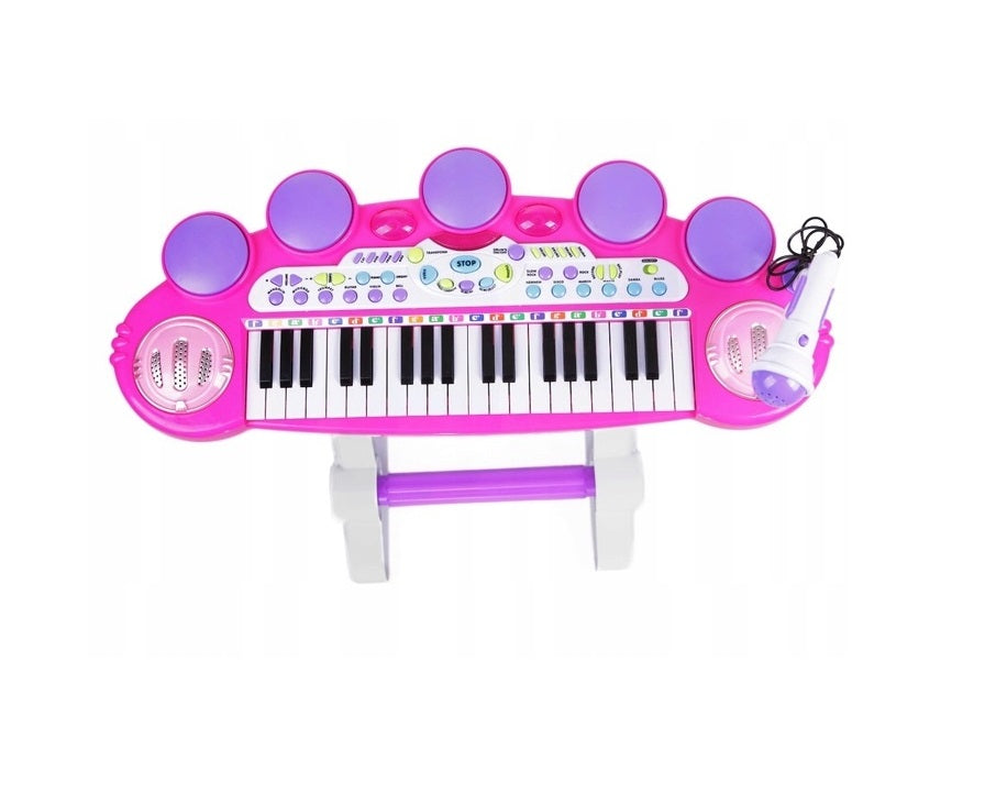 Orga cu Microfon si Scaunel idealSTORE, Glamour Piano, Dimensiuni 45 x 60 x 25 cm, Echipata cu 37 taste functionale, Lumini colorate, Dezvolta dexteritatea manuala Mov-alb