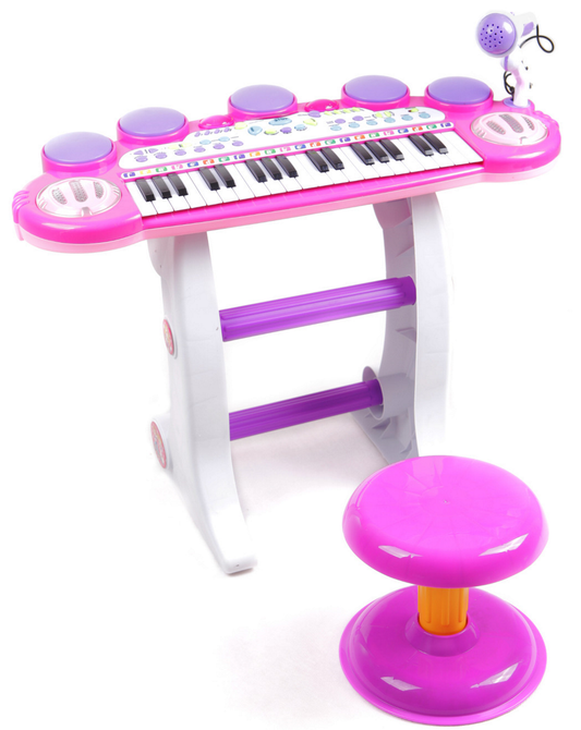 Orga cu Microfon si Scaunel idealSTORE, Glamour Piano, Dimensiuni 45 x 60 x 25 cm, Echipata cu 37 taste functionale, Lumini colorate, Dezvolta dexteritatea manuala Mov-alb