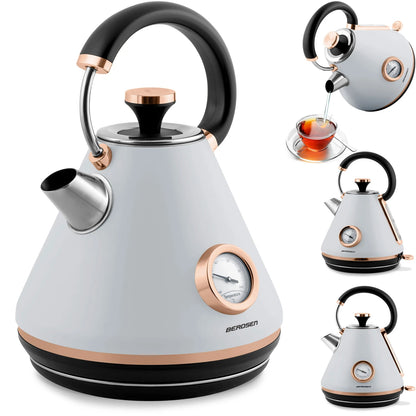 Fierbator Electric cu Termometru Modern Kettle idealStore, Capacitate 1.7L, Baza Pivotanta Antiderapanta 360, Comutator Luminat, Filtru Metalic Anti Calcar, Indicator Temperatura, Capac Detasabil, Gri