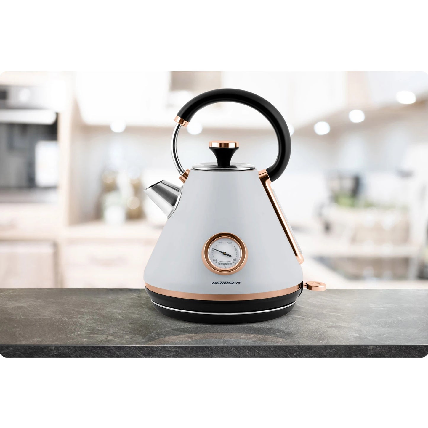 Fierbator Electric cu Termometru Modern Kettle idealStore, Capacitate 1.7L, Baza Pivotanta Antiderapanta 360, Comutator Luminat, Filtru Metalic Anti Calcar, Indicator Temperatura, Capac Detasabil, Gri