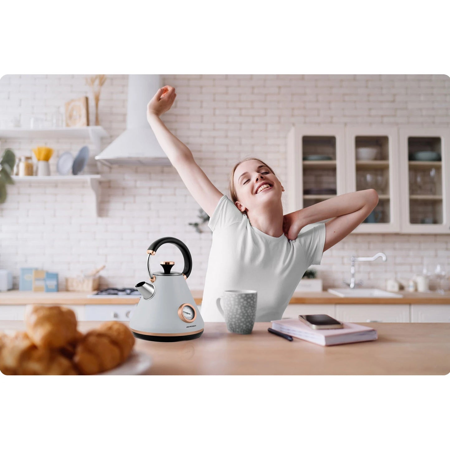 Fierbator Electric cu Termometru Modern Kettle idealStore, Capacitate 1.7L, Baza Pivotanta Antiderapanta 360, Comutator Luminat, Filtru Metalic Anti Calcar, Indicator Temperatura, Capac Detasabil, Gri