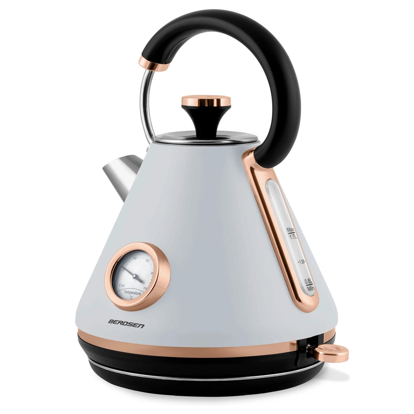 Fierbator Electric cu Termometru Modern Kettle idealStore, Capacitate 1.7L, Baza Pivotanta Antiderapanta 360, Comutator Luminat, Filtru Metalic Anti Calcar, Indicator Temperatura, Capac Detasabil, Gri