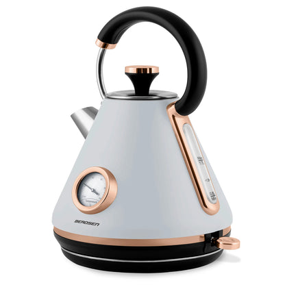 Fierbator Electric cu Termometru Modern Kettle idealStore, Capacitate 1.7L, Baza Pivotanta Antiderapanta 360, Comutator Luminat, Filtru Metalic Anti Calcar, Indicator Temperatura, Capac Detasabil, Gri