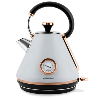 Fierbator Electric cu Termometru Modern Kettle idealStore, Capacitate 1.7L, Baza Pivotanta Antiderapanta 360, Comutator Luminat, Filtru Metalic Anti Calcar, Indicator Temperatura, Capac Detasabil, Gri