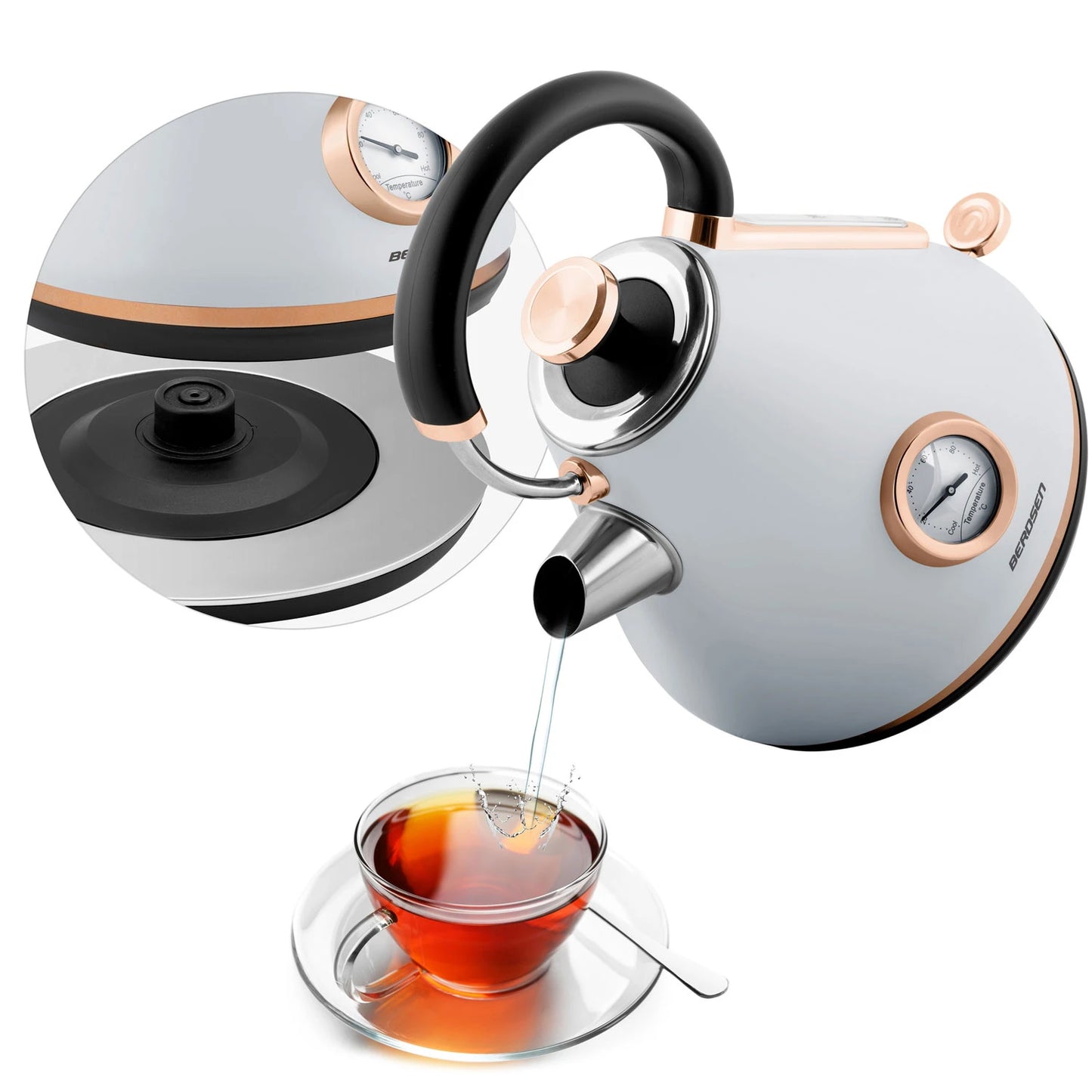 Fierbator Electric cu Termometru Modern Kettle idealStore, Capacitate 1.7L, Baza Pivotanta Antiderapanta 360, Comutator Luminat, Filtru Metalic Anti Calcar, Indicator Temperatura, Capac Detasabil, Gri