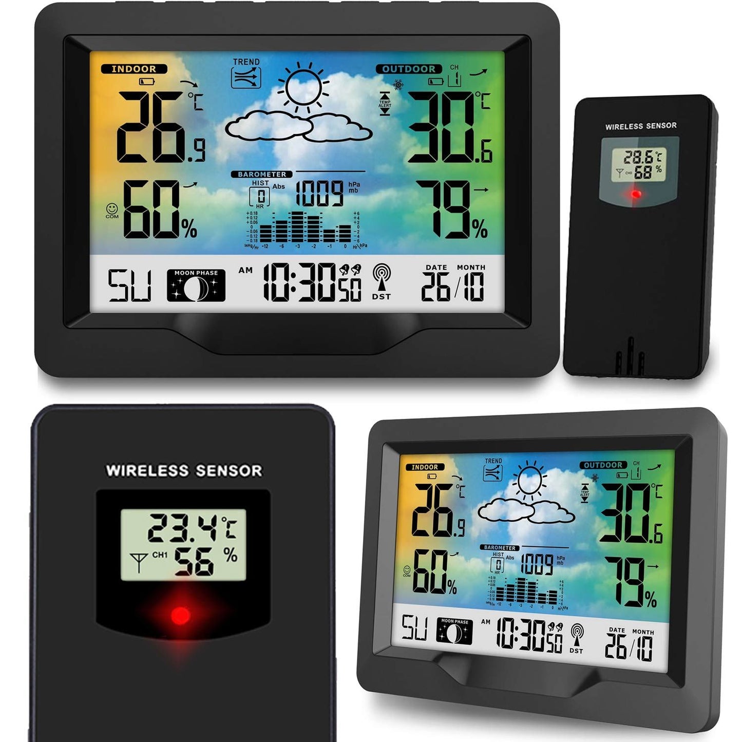 Statie Meteo Profesionala fara Fir idealSTORE, Presiune Barometrica, Calendar, Nivel de confort, Ceas cu alarma, Senzor Baterie, Functie de amanare a alarmei, Prognoza Meteo, Umiditate interioara/exterioara, Raza 60 m, Display LCD