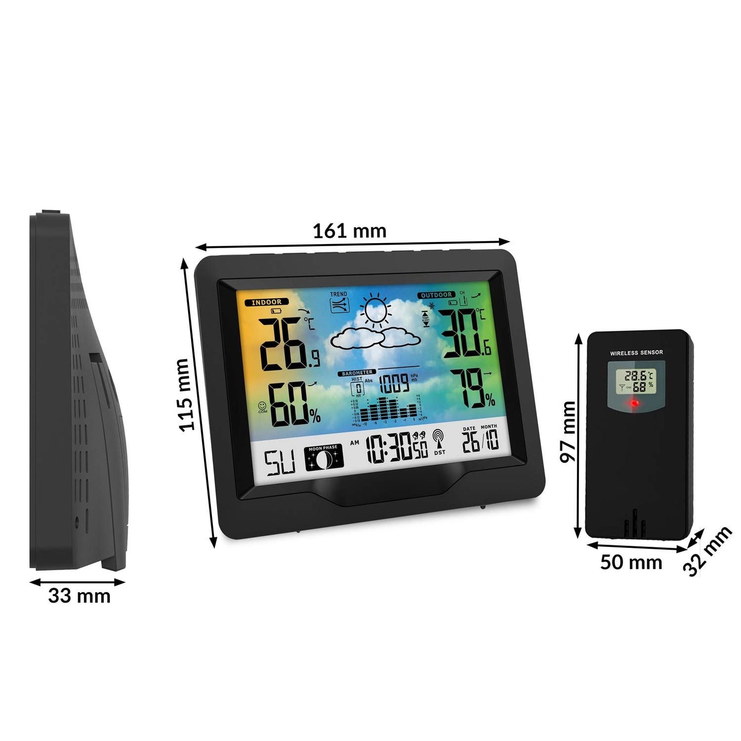 Statie Meteo Profesionala fara Fir idealSTORE, Presiune Barometrica, Calendar, Nivel de confort, Ceas cu alarma, Senzor Baterie, Functie de amanare a alarmei, Prognoza Meteo, Umiditate interioara/exterioara, Raza 60 m, Display LCD