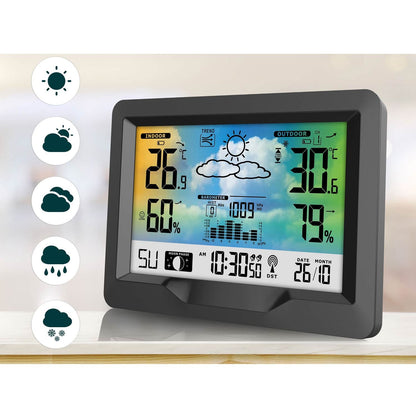 Statie Meteo Profesionala fara Fir idealSTORE, Presiune Barometrica, Calendar, Nivel de confort, Ceas cu alarma, Senzor Baterie, Functie de amanare a alarmei, Prognoza Meteo, Umiditate interioara/exterioara, Raza 60 m, Display LCD