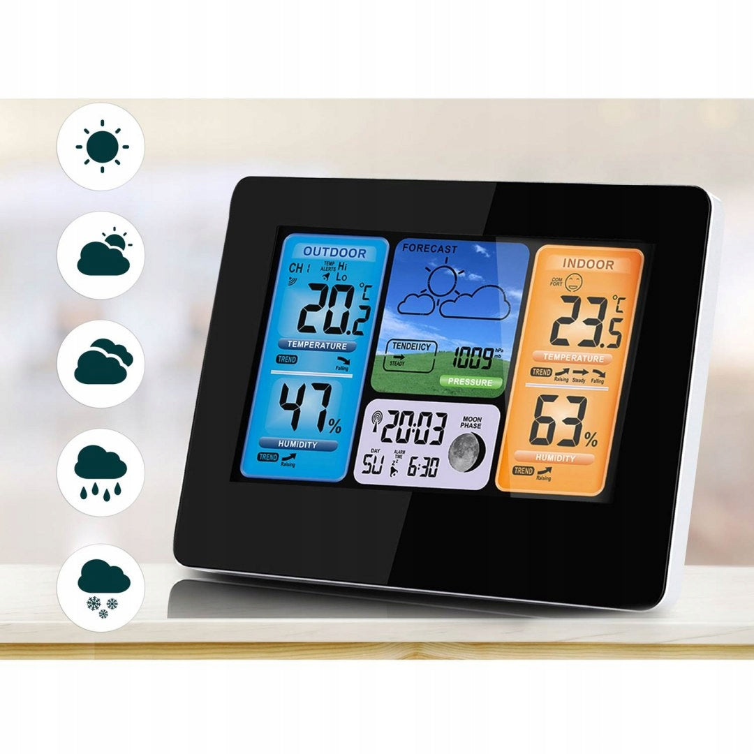 Statie Meteo Profesionala fara Fir idealSTORE, Umiditate interioara/exterioara, Prognoza Meteo, Presiune Barometrica, Calendar, Ceas cu alarma, Senzor Baterie, Functie de amanare a alarmei, Raza 60 m, Iluminare Fundal in 4 Trepte, Display LCD
