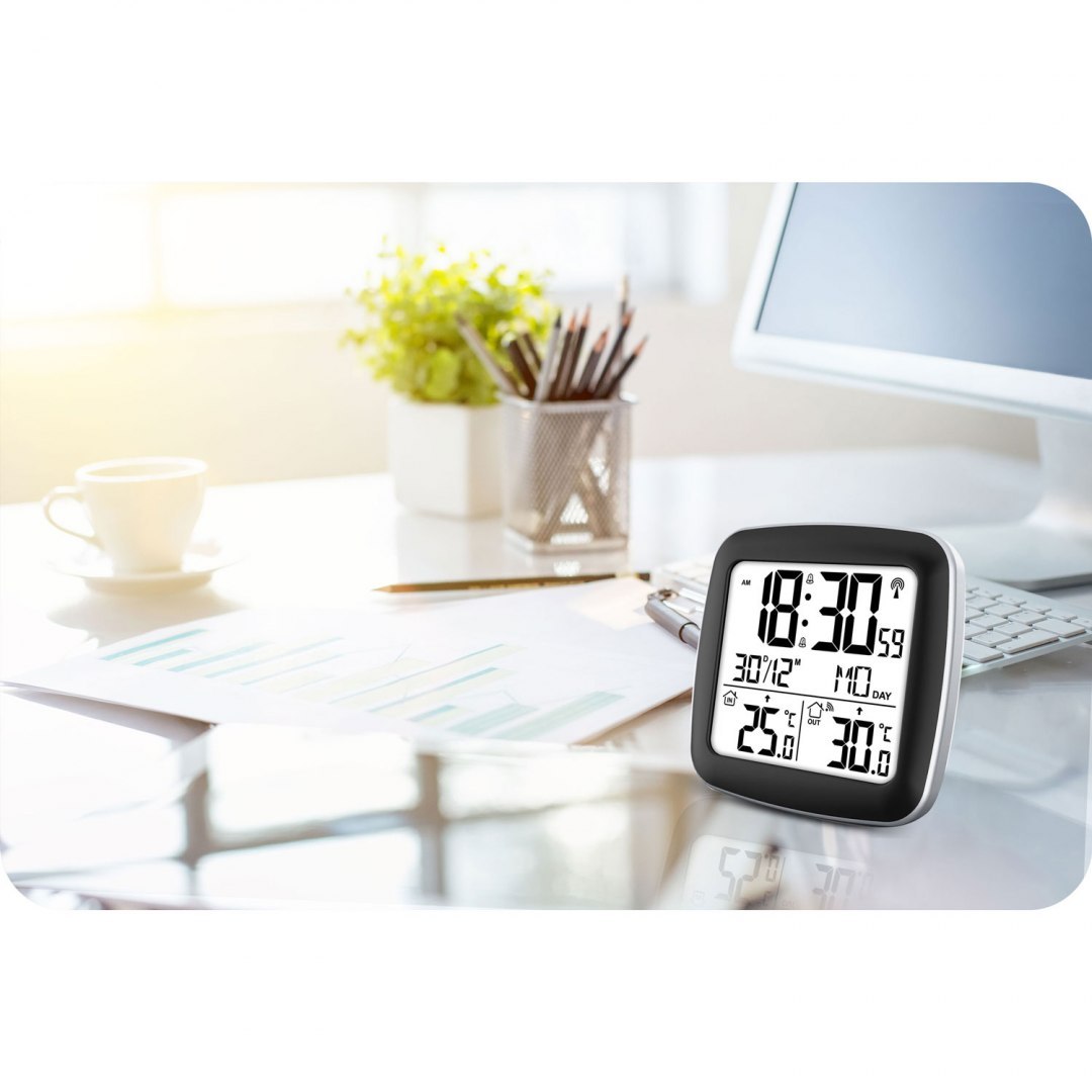 Statie Meteo Profesionala fara Fir idealSTORE, Temperatura Exterioara/Interioara, Calendar, Ceas cu alarma, Functie de amanare a alarmei, Raza 60 m, Masuratori usor de citit, Desing Modern