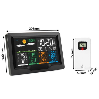 Statie Meteo Profesionala fara Fir idealSTORE, Display LCD, Presiune Barometrica, Calendar, Nivel de confort, Ceas cu alarma, Senzor Baterie, Functie de amanare a alarmei, Prognoza Meteo, Umiditate interioara/exterioara, Raza 60 m, Iluminat 2 Trepte