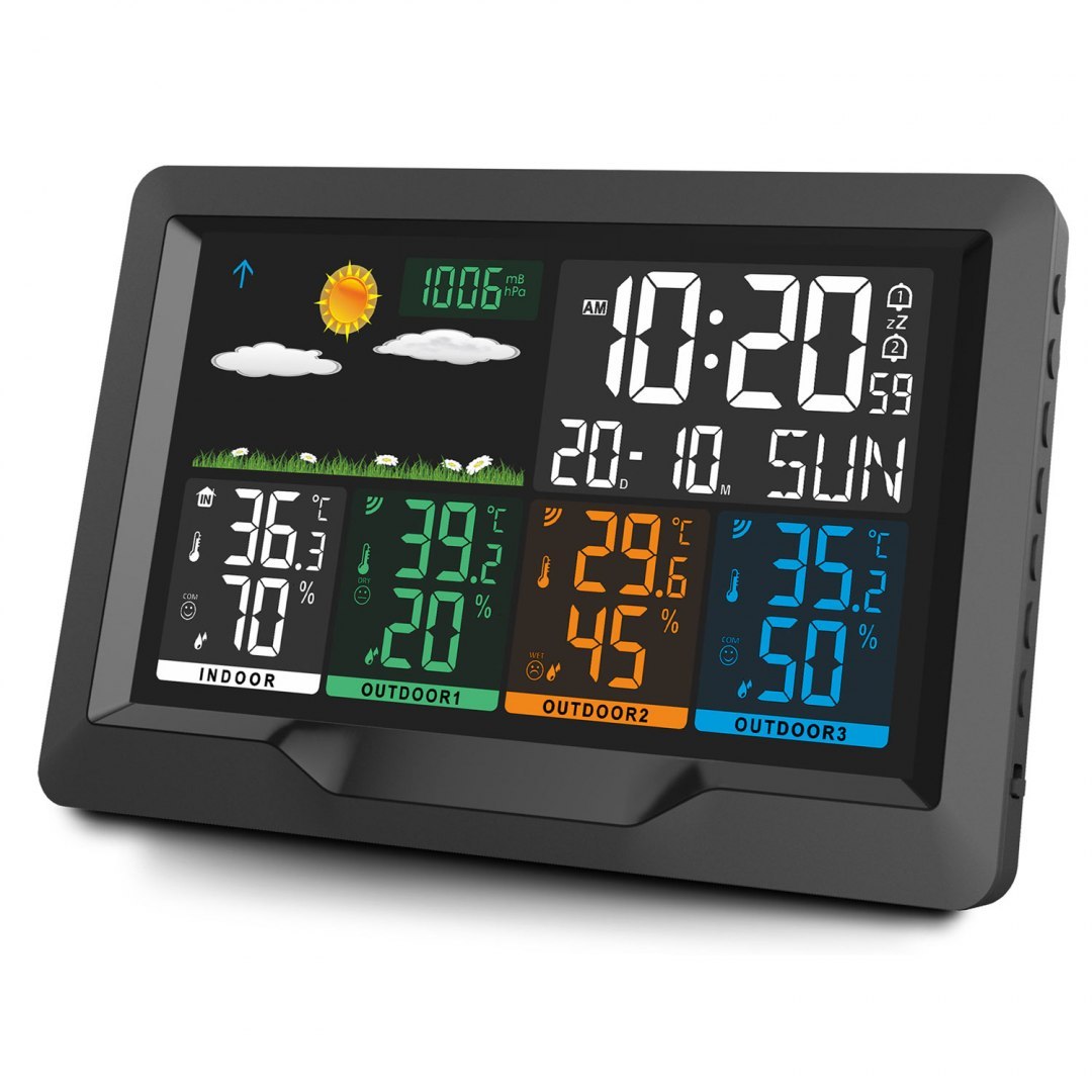 Statie Meteo Profesionala fara Fir idealSTORE, Display LCD, Presiune Barometrica, Calendar, Nivel de confort, Ceas cu alarma, Senzor Baterie, Functie de amanare a alarmei, Prognoza Meteo, Umiditate interioara/exterioara, Raza 60 m, Iluminat 2 Trepte