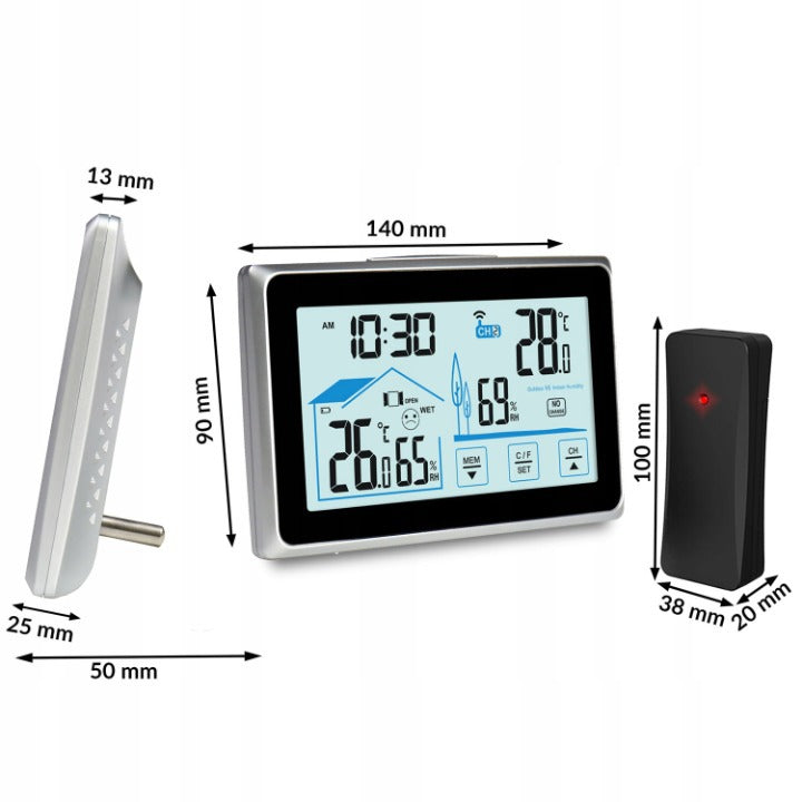 Statie Meteo Profesionala fara Fir Pro Galaxy@ idealSTORE, Umiditate Interioara/Exterioara, Statie Meteorologica Senzor extern, Suport stabil, Ecran LCD Iluminat, Raza 60m, Negru-GRI