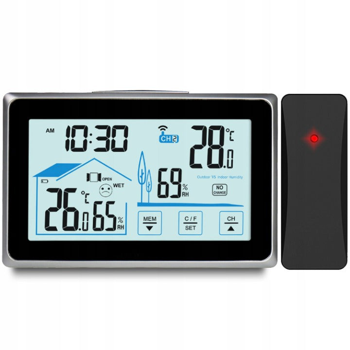 Statie Meteo Profesionala fara Fir Pro Galaxy@ idealSTORE, Umiditate Interioara/Exterioara, Statie Meteorologica Senzor extern, Suport stabil, Ecran LCD Iluminat, Raza 60m, Negru-GRI