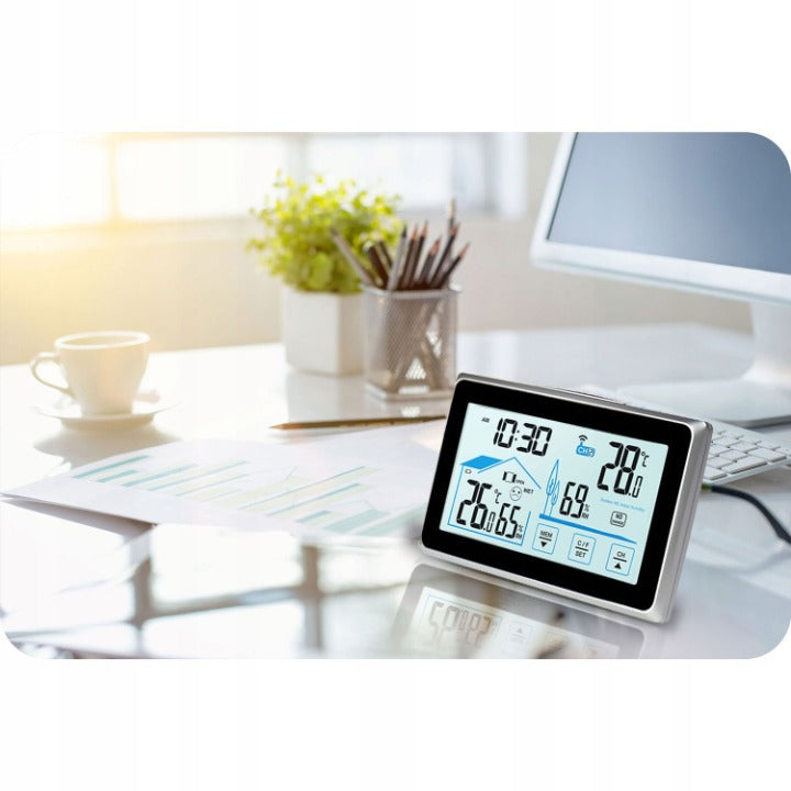 Statie Meteo Profesionala fara Fir Pro Galaxy@ idealSTORE, Umiditate Interioara/Exterioara, Statie Meteorologica Senzor extern, Suport stabil, Ecran LCD Iluminat, Raza 60m, Negru-GRI