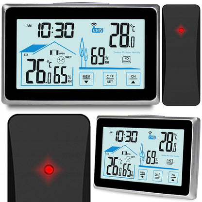 Statie Meteo Profesionala fara Fir Pro Galaxy@ idealSTORE, Umiditate Interioara/Exterioara, Statie Meteorologica Senzor extern, Suport stabil, Ecran LCD Iluminat, Raza 60m, Negru-GRI