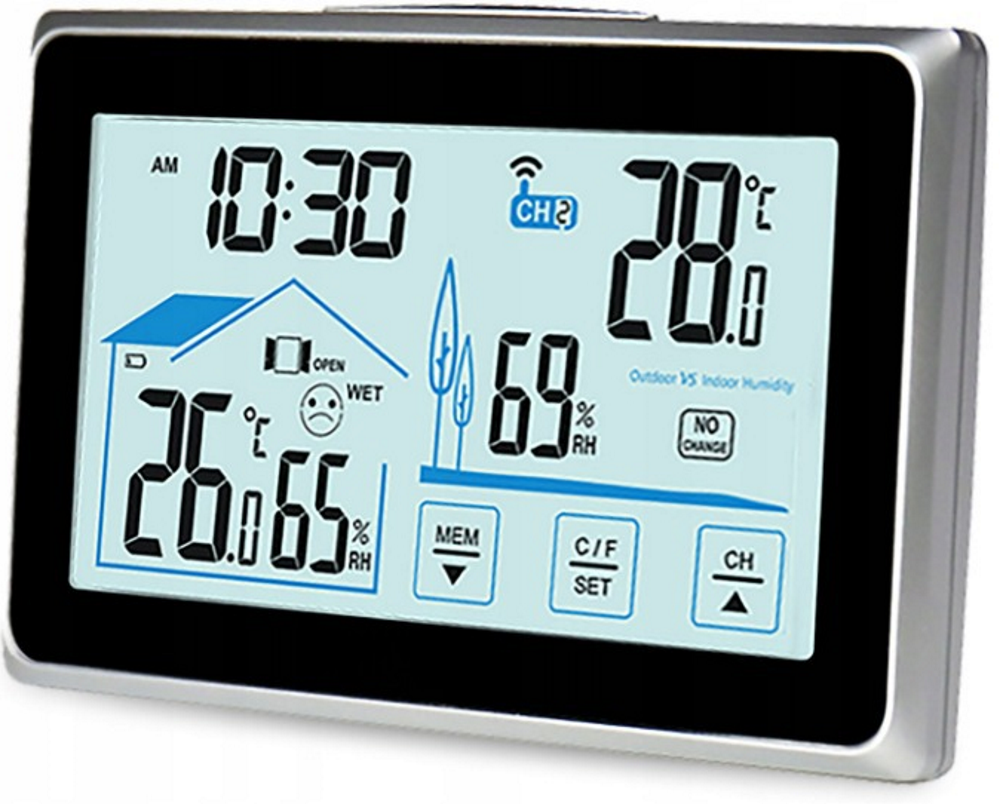 Statie Meteo Profesionala fara Fir Pro Galaxy@ idealSTORE, Umiditate Interioara/Exterioara, Statie Meteorologica Senzor extern, Suport stabil, Ecran LCD Iluminat, Raza 60m, Negru-GRI